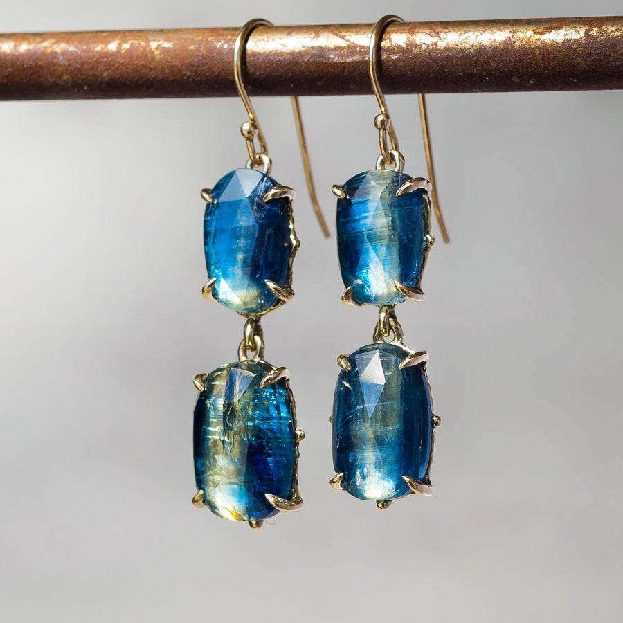 14k Gold Kyanite Earrings, Solid gold dangle earrings, Bicolor Blue Kyanite, Claw setting, dangle drop, cluster, Gift for her