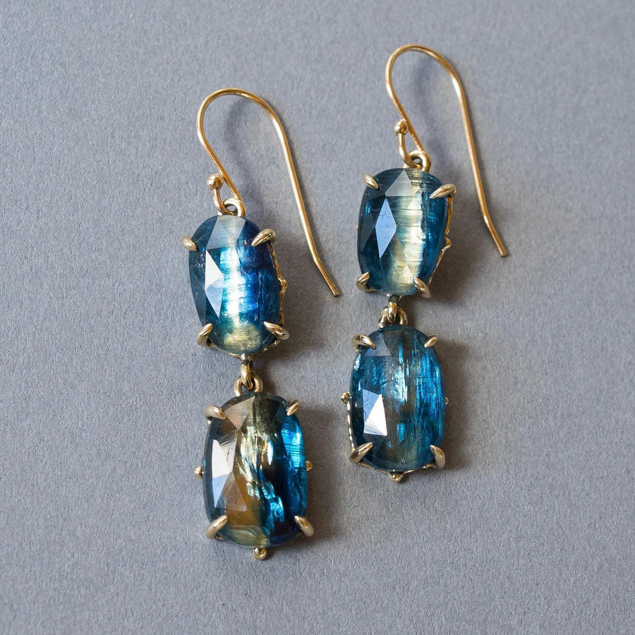 14k Gold Kyanite Earrings, Solid gold dangle earrings, Bicolor Blue Kyanite, Claw setting, dangle drop, cluster, Gift for her