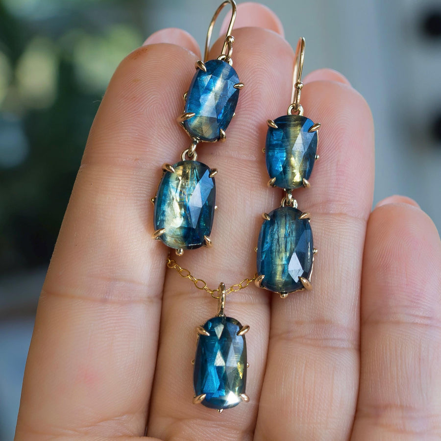 14k Gold Kyanite Earrings, Solid gold dangle earrings, Bicolor Blue Kyanite, Claw setting, dangle drop, cluster, Gift for her