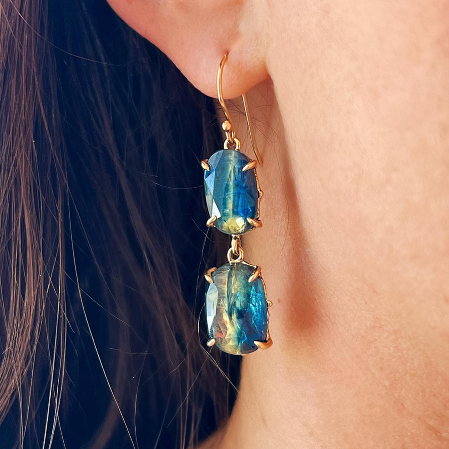 14k Gold Kyanite Earrings, Solid gold dangle earrings, Bicolor Blue Kyanite, Claw setting, dangle drop, cluster, Gift for her