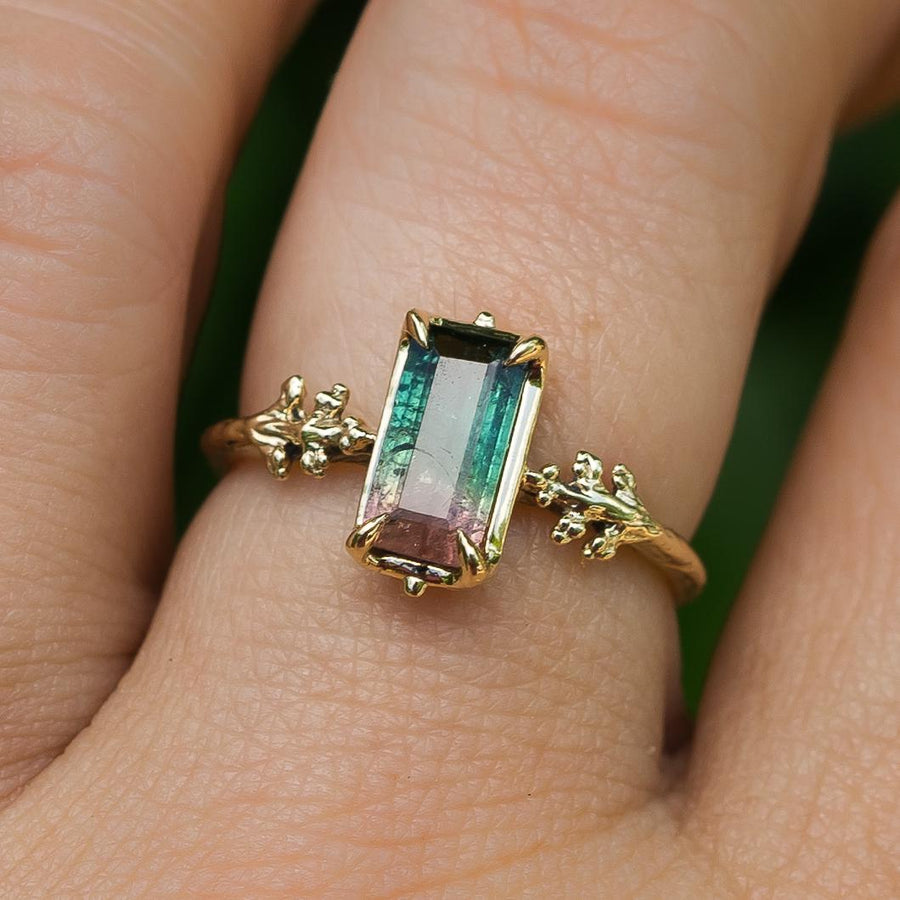 14k Gold Tourmaline Ring, Sz 7.5, Watermelon, Pink, Green, Leaf band, Solid Gold, Dainty, antique, vintage style, Gift for her, handmade