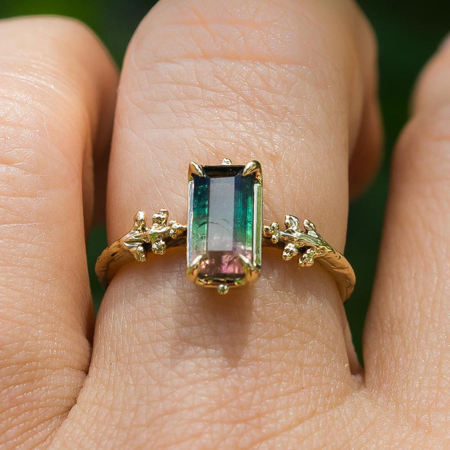 14k Gold Tourmaline Ring, Sz 7.5, Watermelon, Pink, Green, Leaf band, Solid Gold, Dainty, antique, vintage style, Gift for her, handmade