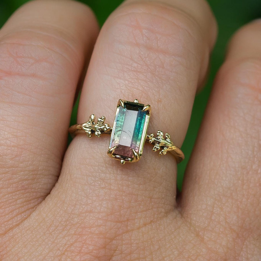 14k Gold Tourmaline Ring, Sz 7.5, Watermelon, Pink, Green, Leaf band, Solid Gold, Dainty, antique, vintage style, Gift for her, handmade