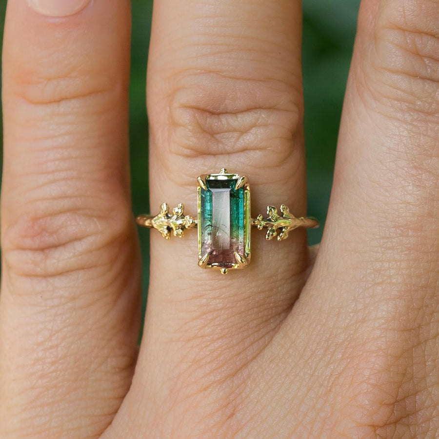 14k Gold Tourmaline Ring, Sz 7.5, Watermelon, Pink, Green, Leaf band, Solid Gold, Dainty, antique, vintage style, Gift for her, handmade