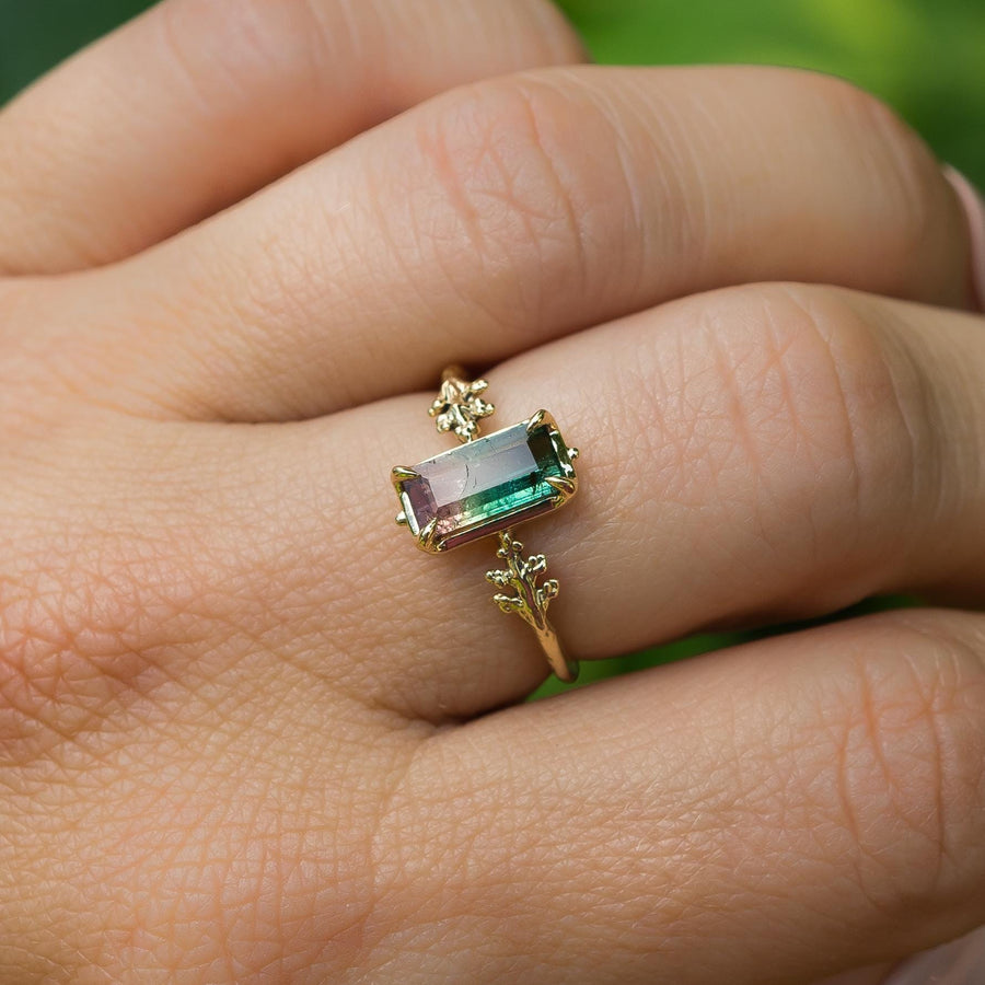 14k Gold Tourmaline Ring, Sz 7.5, Watermelon, Pink, Green, Leaf band, Solid Gold, Dainty, antique, vintage style, Gift for her, handmade