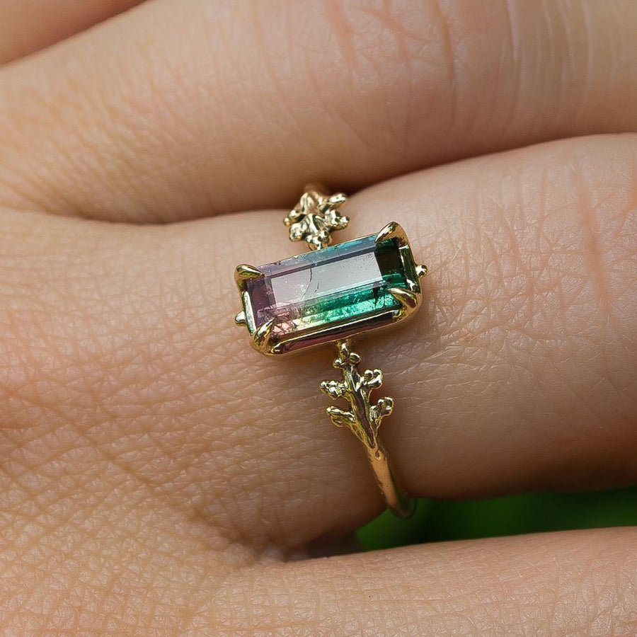 14k Gold Tourmaline Ring, Sz 7.5, Watermelon, Pink, Green, Leaf band, Solid Gold, Dainty, antique, vintage style, Gift for her, handmade