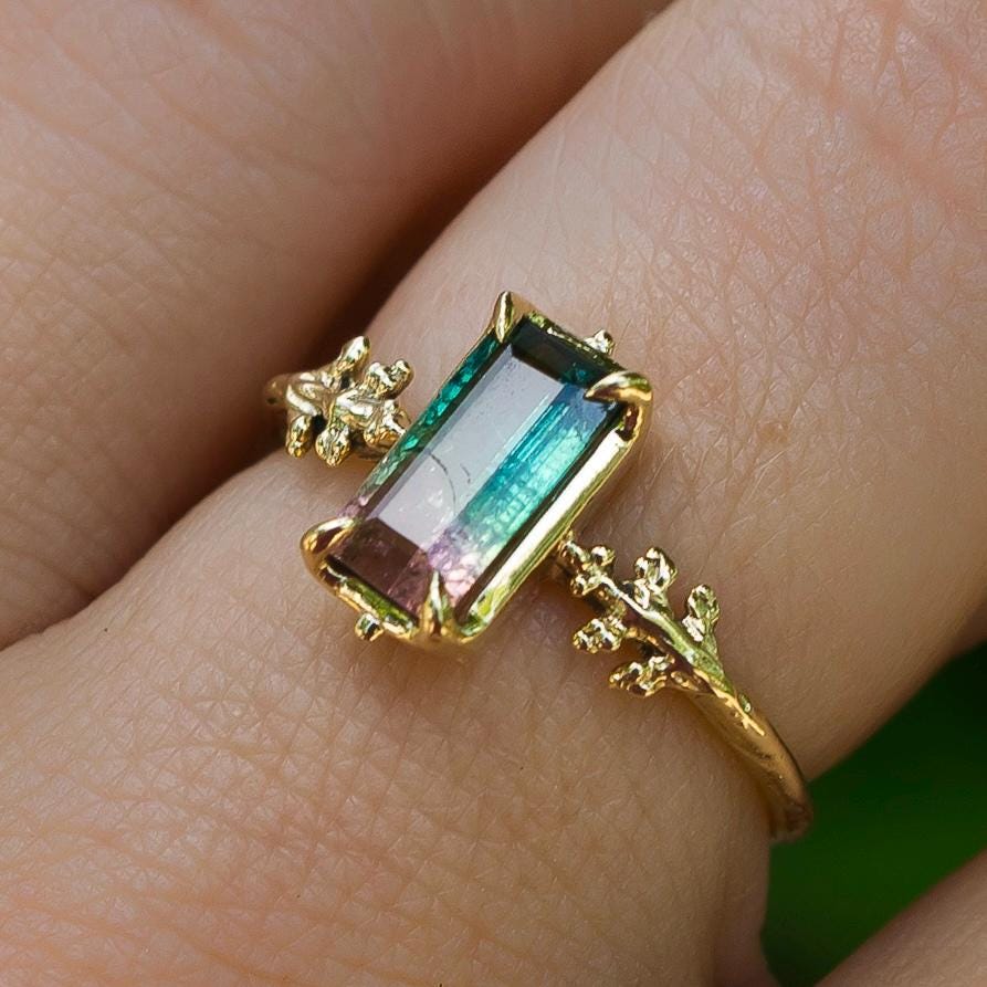 14k Gold Tourmaline Ring, Sz 7.5, Watermelon, Pink, Green, Leaf band, Solid Gold, Dainty, antique, vintage style, Gift for her, handmade