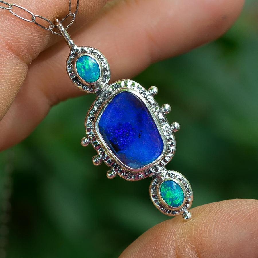 Boulder Opal Silver Pendant, Australian Opal, Multi Stone, Handmade, Sterling Silver, Blue, Purple, Unique Gift, Fine Jewelry, Gift for her