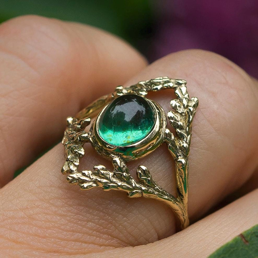 14k Gold Apatite Branch Ring, Sz 7.5 Green Gemstone, Cypress Leaf, Renaissance style, antique, vintage, Gift for her, handmade, Fairycore