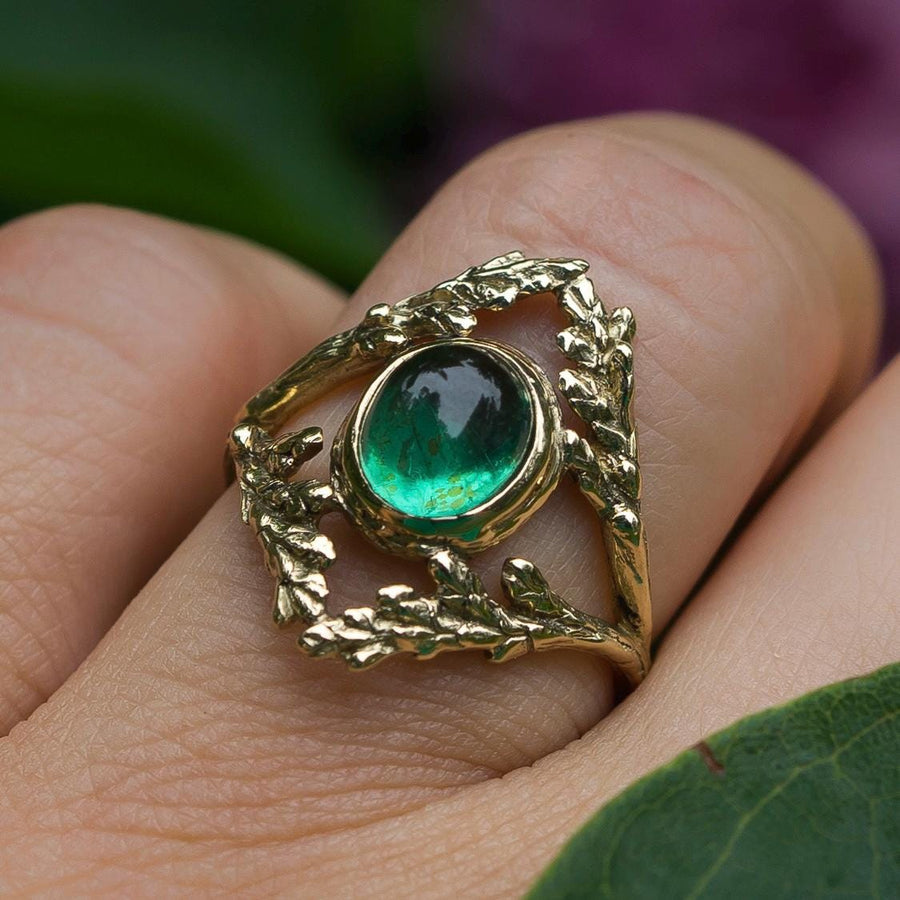 14k Gold Apatite Branch Ring, Sz 7.5 Green Gemstone, Cypress Leaf, Renaissance style, antique, vintage, Gift for her, handmade, Fairycore