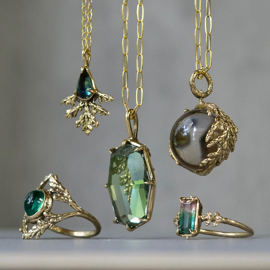 14k Gold Apatite Branch Ring, Sz 7.5 Green Gemstone, Cypress Leaf, Renaissance style, antique, vintage, Gift for her, handmade, Fairycore