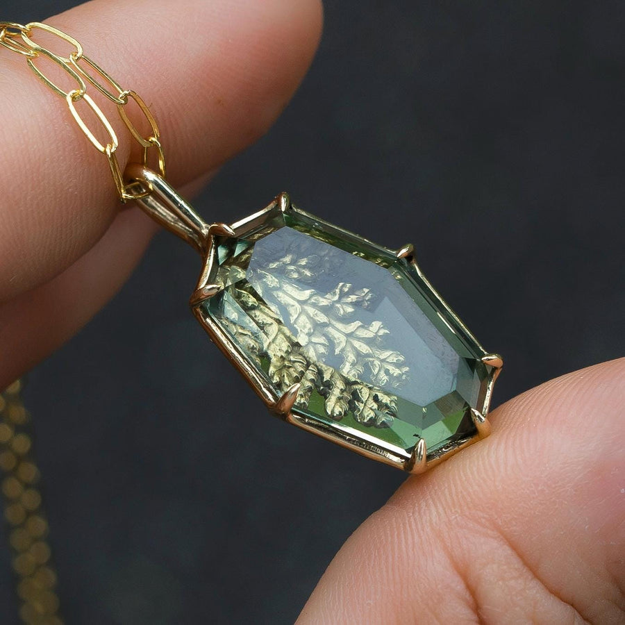 Prasiolite Reversible Leaf Pendant, Green Amethyst,Brass, Gold, Antique, vintage style, Green crystal jewelry, Juniper Cypress, Fairycore