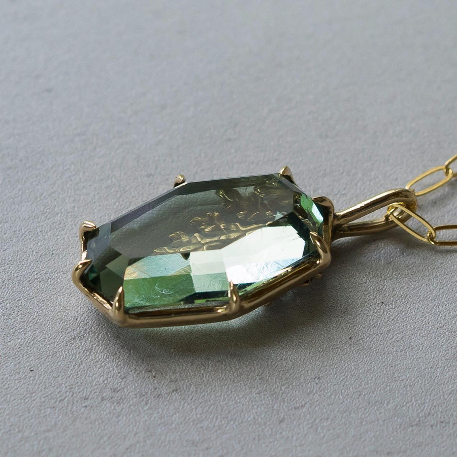 Prasiolite Reversible Leaf Pendant, Green Amethyst,Brass, Gold, Antique, vintage style, Green crystal jewelry, Juniper Cypress, Fairycore