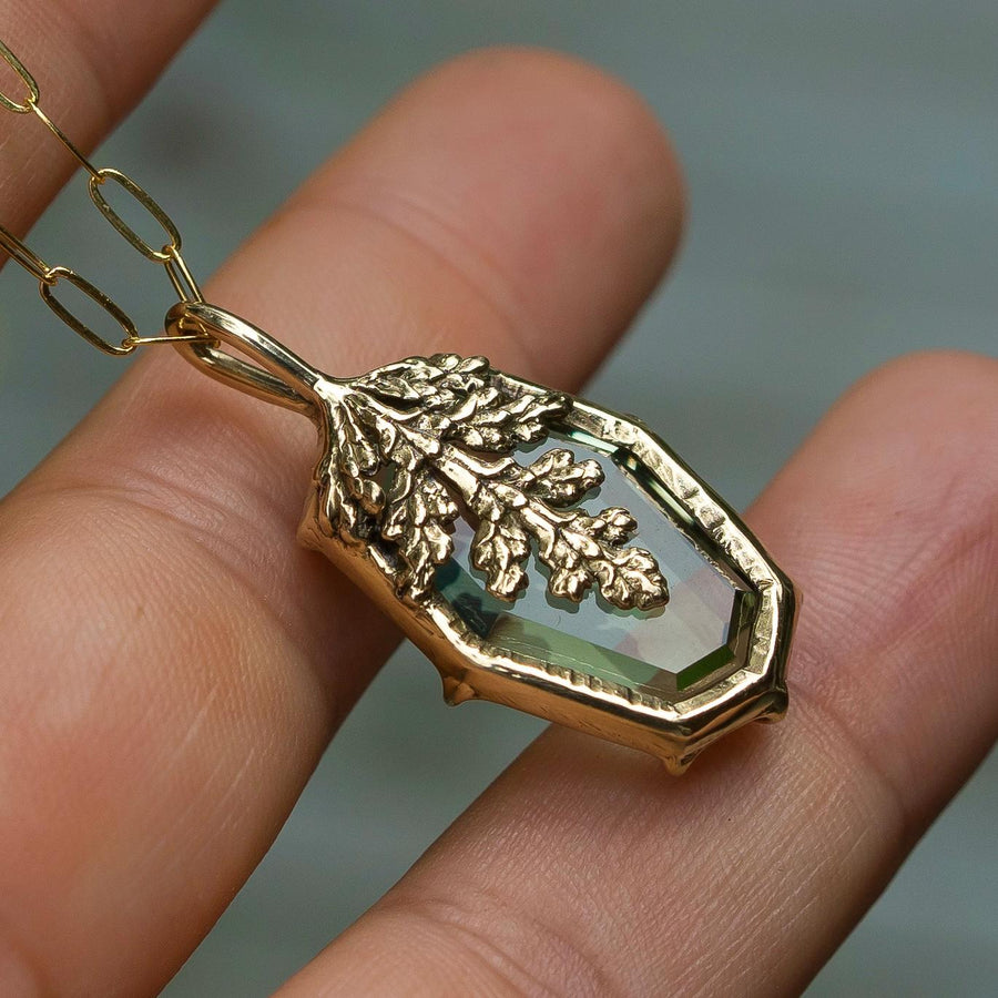 Prasiolite Reversible Leaf Pendant, Green Amethyst,Brass, Gold, Antique, vintage style, Green crystal jewelry, Juniper Cypress, Fairycore