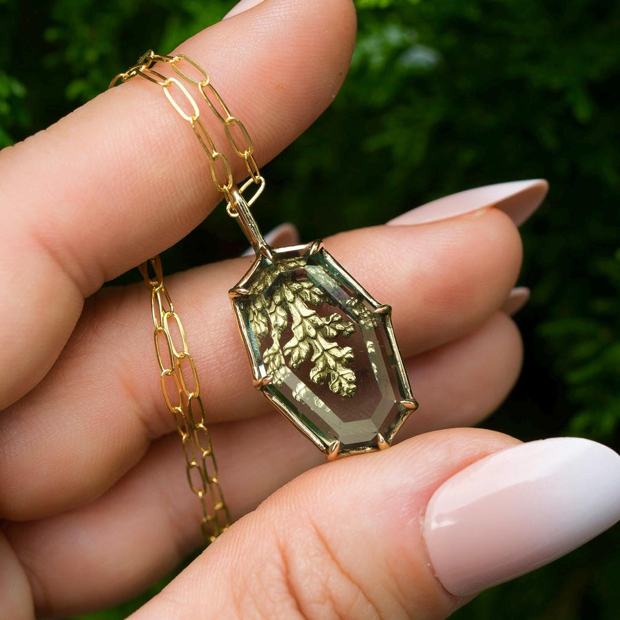Prasiolite Reversible Leaf Pendant, Green Amethyst,Brass, Gold, Antique, vintage style, Green crystal jewelry, Juniper Cypress, Fairycore
