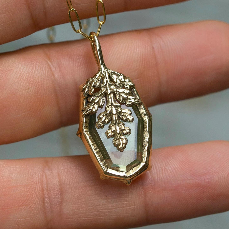 Prasiolite Reversible Leaf Pendant, Green Amethyst,Brass, Gold, Antique, vintage style, Green crystal jewelry, Juniper Cypress, Fairycore
