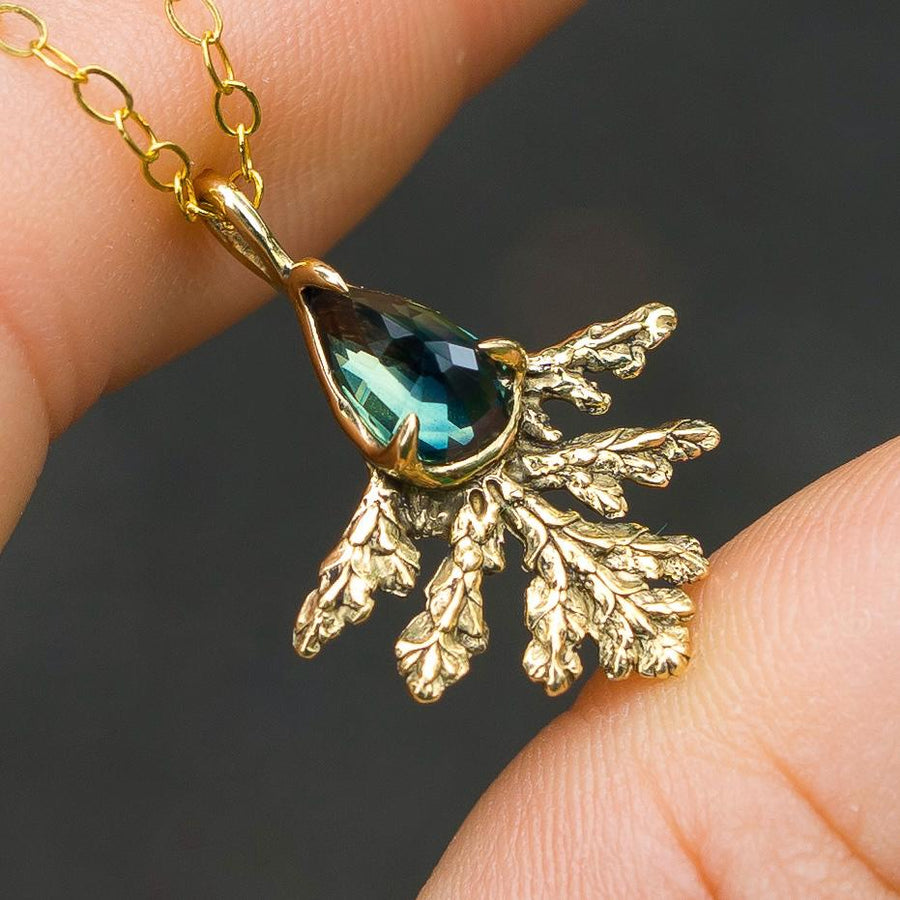 Parti Sapphire Leaf Pendant, Bicolor Sapphire, Brass, Gold, Antique, vintage style, Green crystal jewelry, Juniper Cypress, Fairycore