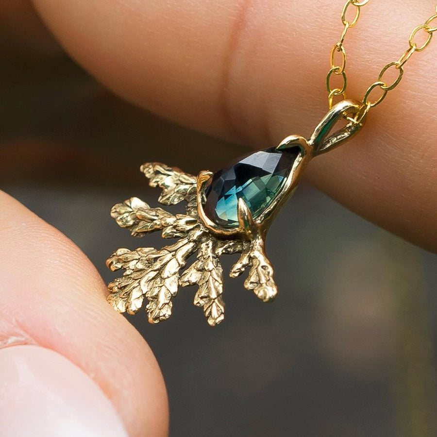 Parti Sapphire Leaf Pendant, Bicolor Sapphire, Brass, Gold, Antique, vintage style, Green crystal jewelry, Juniper Cypress, Fairycore