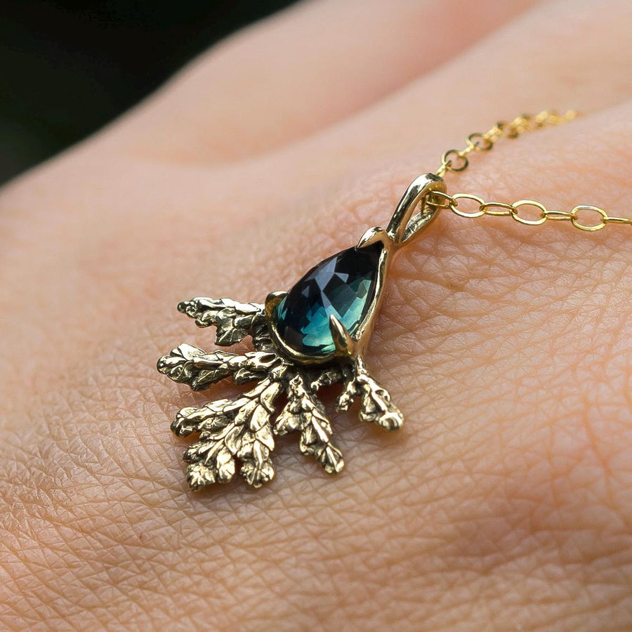 Parti Sapphire Leaf Pendant, Bicolor Sapphire, Brass, Gold, Antique, vintage style, Green crystal jewelry, Juniper Cypress, Fairycore