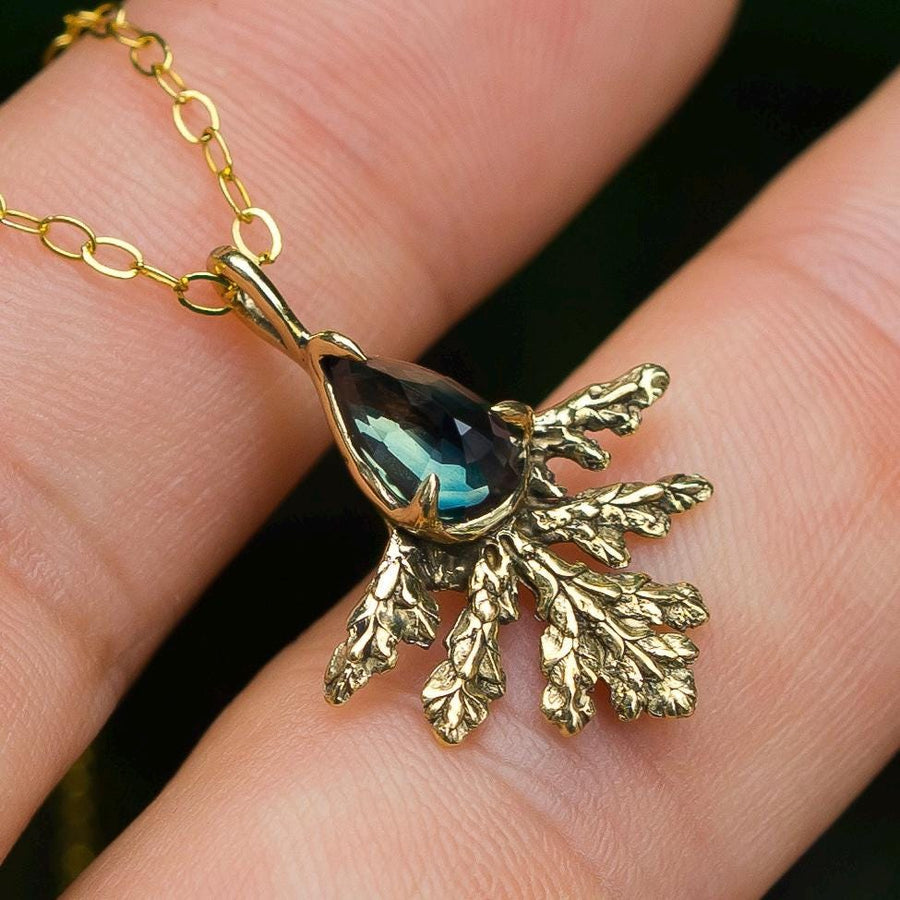 Parti Sapphire Leaf Pendant, Bicolor Sapphire, Brass, Gold, Antique, vintage style, Green crystal jewelry, Juniper Cypress, Fairycore