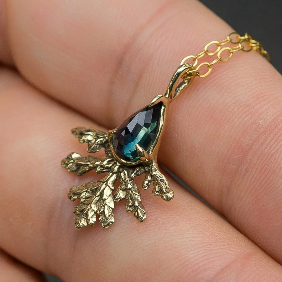 Parti Sapphire Leaf Pendant, Bicolor Sapphire, Brass, Gold, Antique, vintage style, Green crystal jewelry, Juniper Cypress, Fairycore