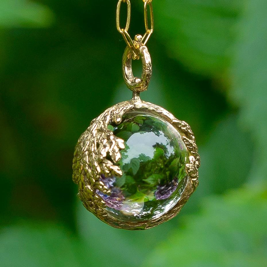 PRE-ORDER Quartz Orb Leaf Pendant, Crystal Ball, Pools of light Brass, Gold, Antique vintage style, Clear crystal jewelry,Cypress, Fairycore