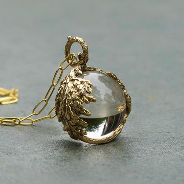 PRE-ORDER Quartz Orb Leaf Pendant, Crystal Ball, Pools of light Brass, Gold, Antique vintage style, Clear crystal jewelry,Cypress, Fairycore