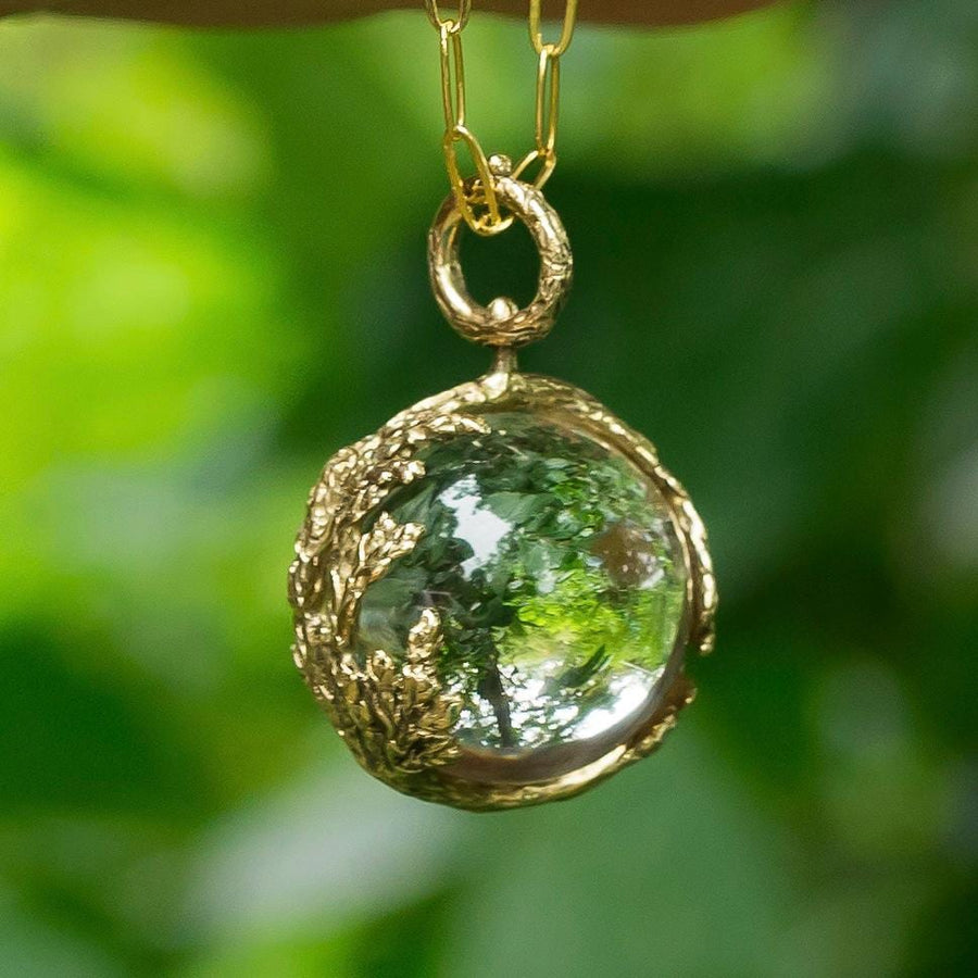 PRE-ORDER Quartz Orb Leaf Pendant, Crystal Ball, Pools of light Brass, Gold, Antique vintage style, Clear crystal jewelry,Cypress, Fairycore