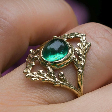 14k Gold Apatite Branch Ring, Sz 7.5 Green Gemstone, Cypress Leaf, Renaissance style, antique, vintage, Gift for her, handmade, Fairycore