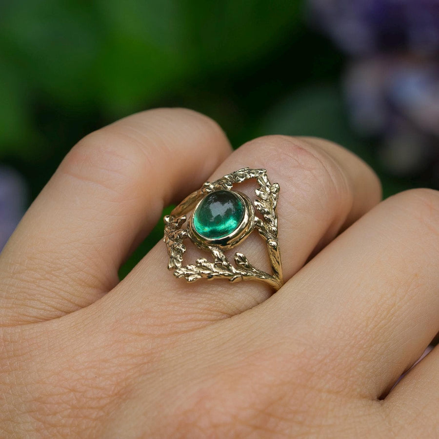14k Gold Apatite Branch Ring, Sz 7.5 Green Gemstone, Cypress Leaf, Renaissance style, antique, vintage, Gift for her, handmade, Fairycore
