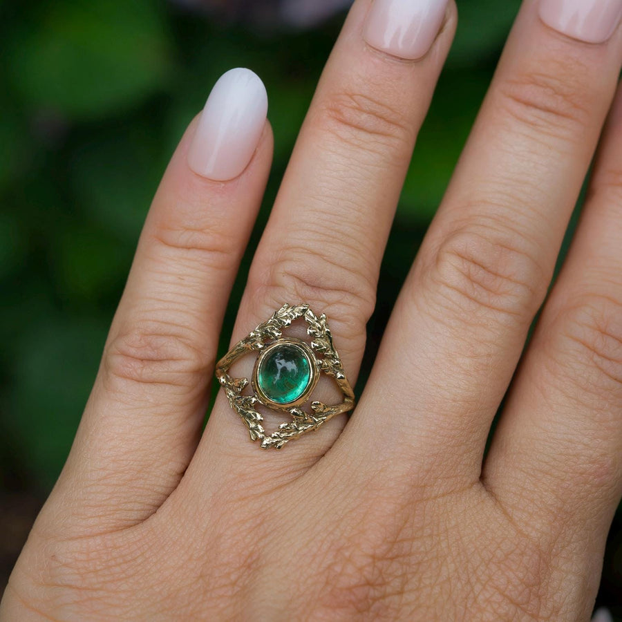 14k Gold Apatite Branch Ring, Sz 7.5 Green Gemstone, Cypress Leaf, Renaissance style, antique, vintage, Gift for her, handmade, Fairycore