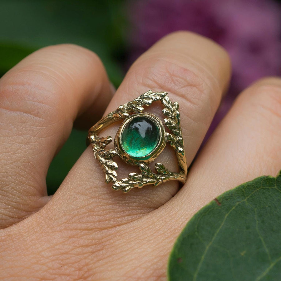 14k Gold Apatite Branch Ring, Sz 7.5 Green Gemstone, Cypress Leaf, Renaissance style, antique, vintage, Gift for her, handmade, Fairycore