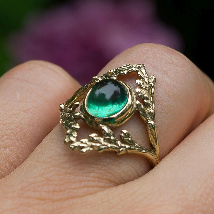 14k Gold Apatite Branch Ring, Sz 7.5 Green Gemstone, Cypress Leaf, Renaissance style, antique, vintage, Gift for her, handmade, Fairycore
