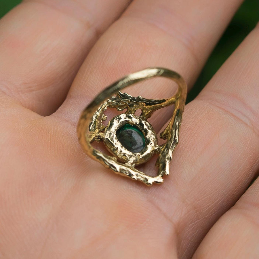 14k Gold Apatite Branch Ring, Sz 7.5 Green Gemstone, Cypress Leaf, Renaissance style, antique, vintage, Gift for her, handmade, Fairycore