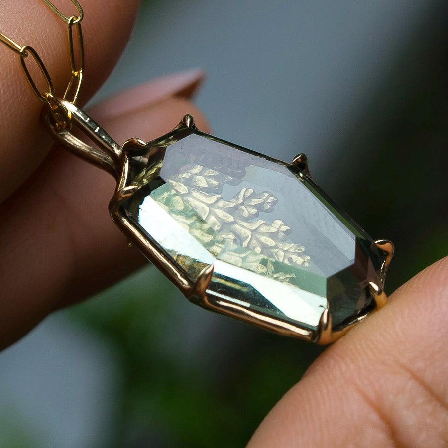 Prasiolite Reversible Leaf Pendant, Green Amethyst,Brass, Gold, Antique, vintage style, Green crystal jewelry, Juniper Cypress, Fairycore