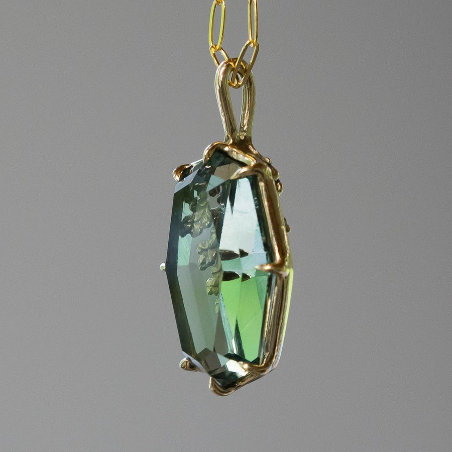Prasiolite Reversible Leaf Pendant, Green Amethyst,Brass, Gold, Antique, vintage style, Green crystal jewelry, Juniper Cypress, Fairycore