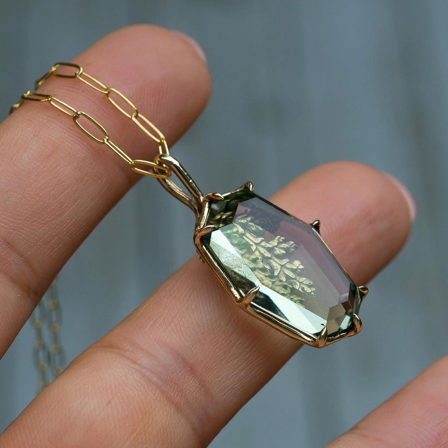 Prasiolite Reversible Leaf Pendant, Green Amethyst,Brass, Gold, Antique, vintage style, Green crystal jewelry, Juniper Cypress, Fairycore