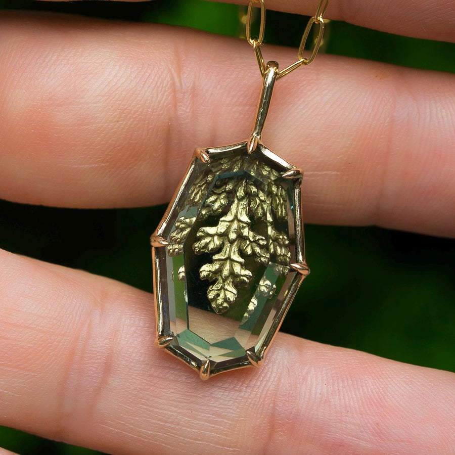 Prasiolite Reversible Leaf Pendant, Green Amethyst,Brass, Gold, Antique, vintage style, Green crystal jewelry, Juniper Cypress, Fairycore