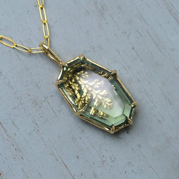 Prasiolite Reversible Leaf Pendant, Green Amethyst,Brass, Gold, Antique, vintage style, Green crystal jewelry, Juniper Cypress, Fairycore