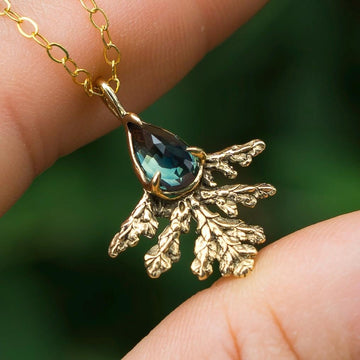 Parti Sapphire Leaf Pendant, Bicolor Sapphire, Brass, Gold, Antique, vintage style, Green crystal jewelry, Juniper Cypress, Fairycore