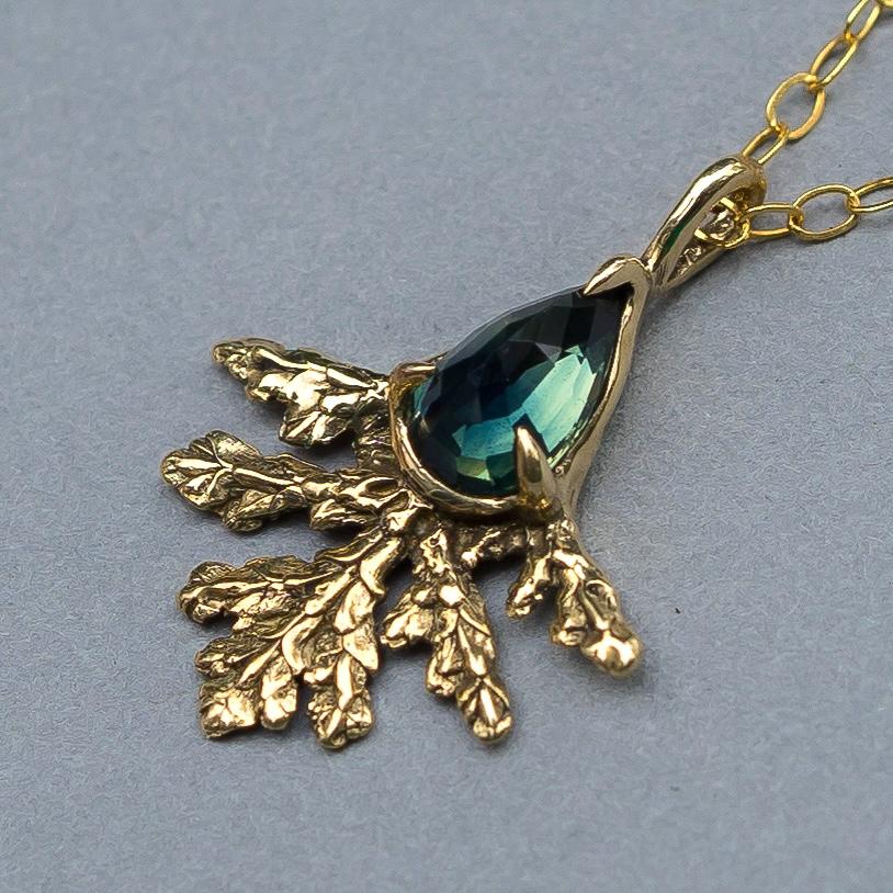 Parti Sapphire Leaf Pendant, Bicolor Sapphire, Brass, Gold, Antique, vintage style, Green crystal jewelry, Juniper Cypress, Fairycore