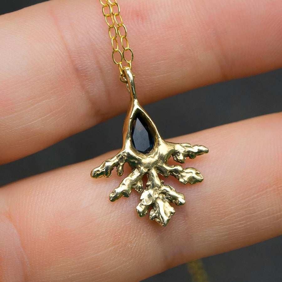 Parti Sapphire Leaf Pendant, Bicolor Sapphire, Brass, Gold, Antique, vintage style, Green crystal jewelry, Juniper Cypress, Fairycore