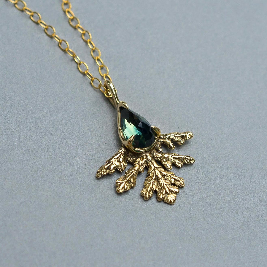 Parti Sapphire Leaf Pendant, Bicolor Sapphire, Brass, Gold, Antique, vintage style, Green crystal jewelry, Juniper Cypress, Fairycore