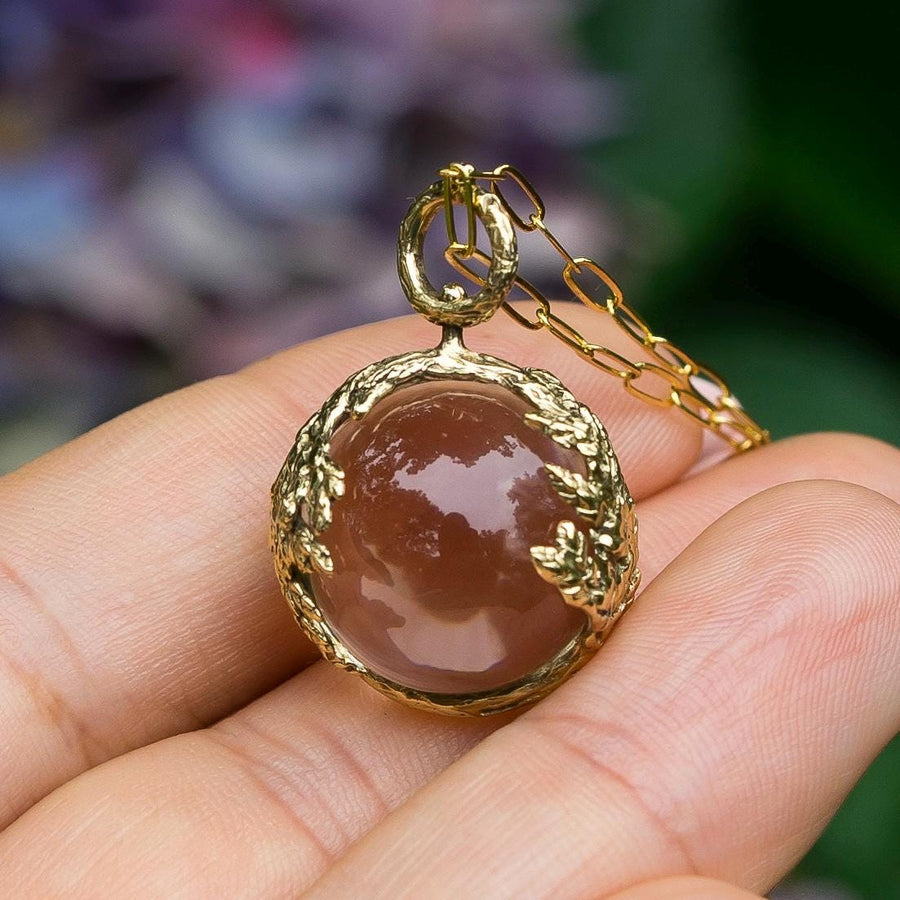 PRE-ORDER Quartz Orb Leaf Pendant, Crystal Ball, Pools of light Brass, Gold, Antique vintage style, Clear crystal jewelry,Cypress, Fairycore