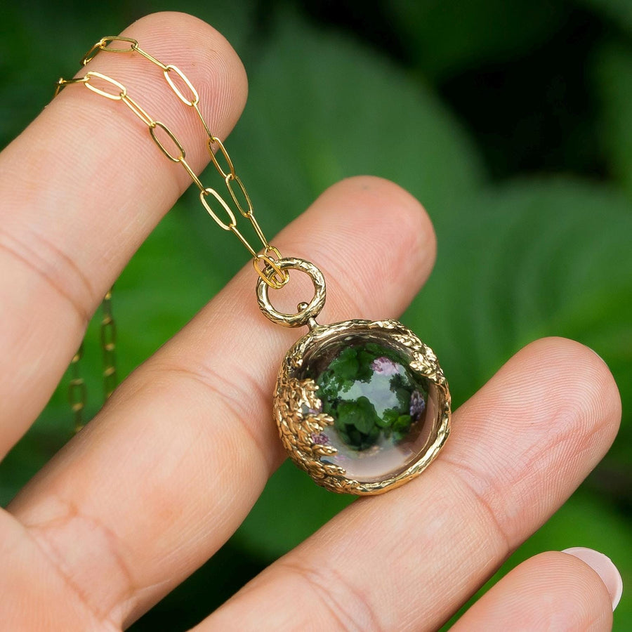 PRE-ORDER Quartz Orb Leaf Pendant, Crystal Ball, Pools of light Brass, Gold, Antique vintage style, Clear crystal jewelry,Cypress, Fairycore