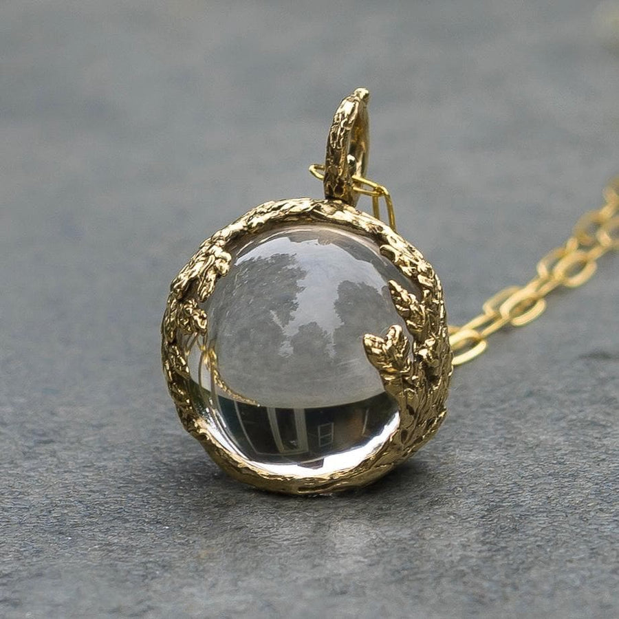 PRE-ORDER Quartz Orb Leaf Pendant, Crystal Ball, Pools of light Brass, Gold, Antique vintage style, Clear crystal jewelry,Cypress, Fairycore