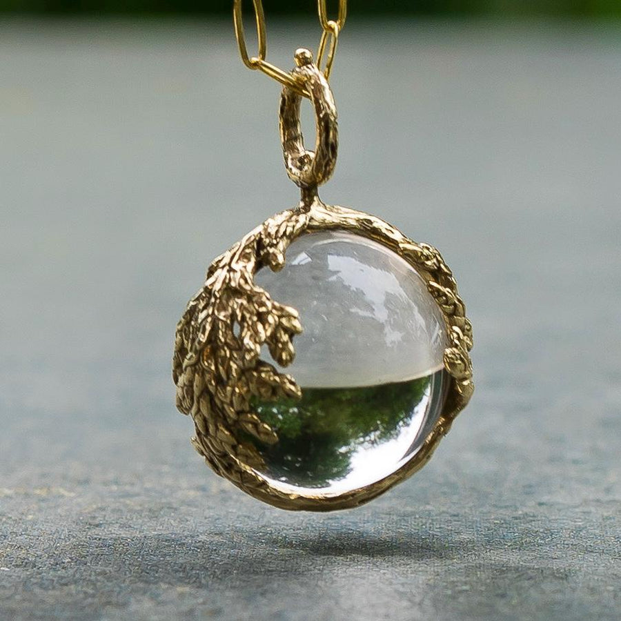 PRE-ORDER Quartz Orb Leaf Pendant, Crystal Ball, Pools of light Brass, Gold, Antique vintage style, Clear crystal jewelry,Cypress, Fairycore
