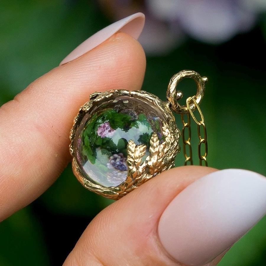 PRE-ORDER Quartz Orb Leaf Pendant, Crystal Ball, Pools of light Brass, Gold, Antique vintage style, Clear crystal jewelry,Cypress, Fairycore