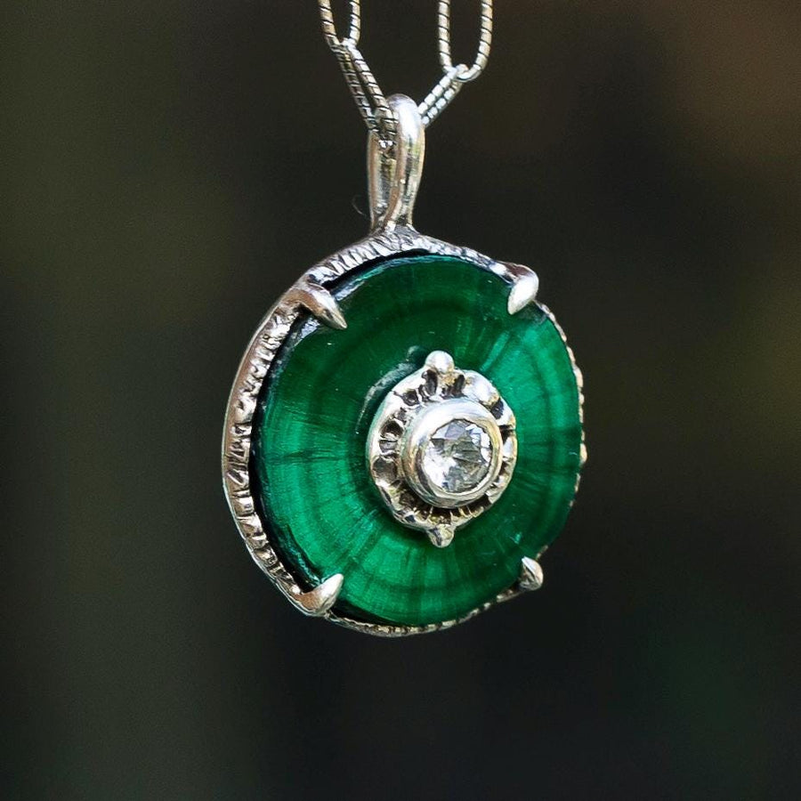 Raw Malachite + Zircon Pendant