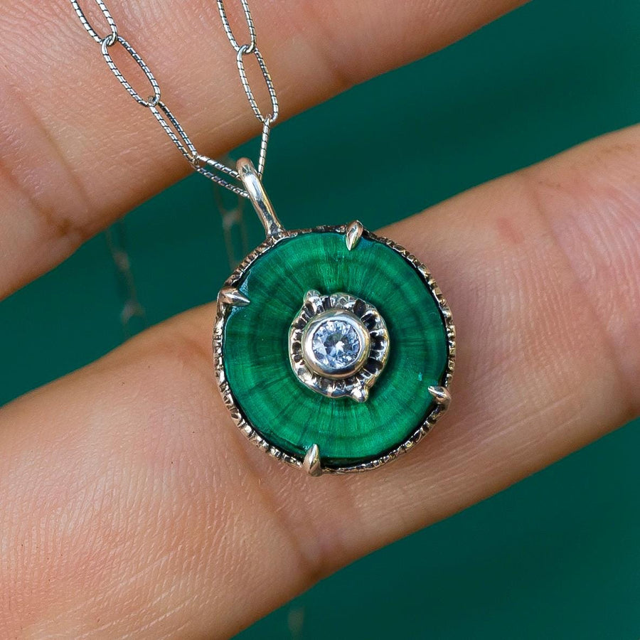 Raw Malachite + Zircon Pendant